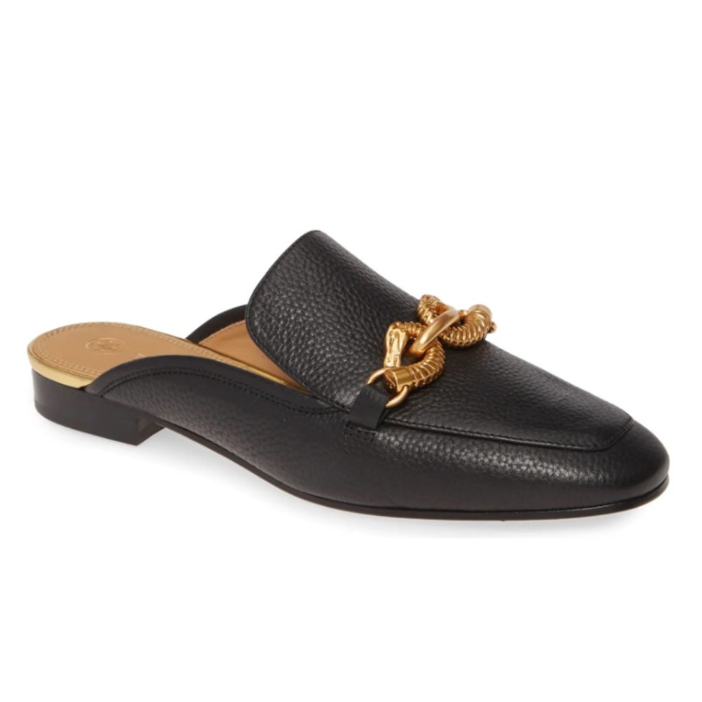 Tory Burch Jessa Mule Black Leather Slide Gold Detail Loafer Dress Shoe